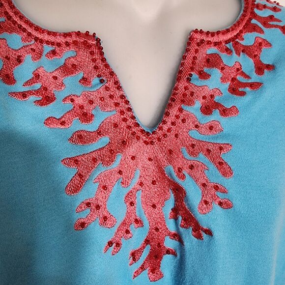 Quacker Factory Womens T Shirt Size Medium Short Sleeve Coral Embroidered Beaded - Picture 5 of 9